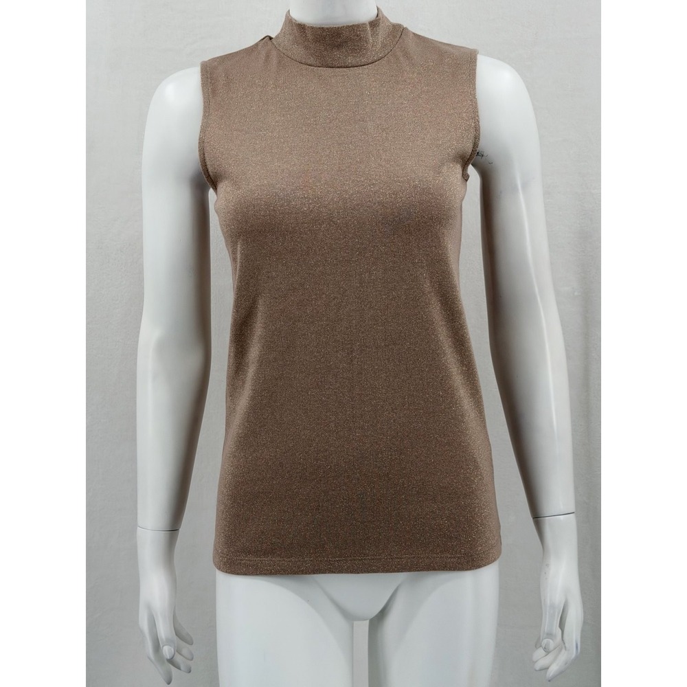 Reiss Top Womens Small Tan Metallic Mock Neck Sleeveless Glam Party Holiday